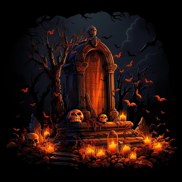 Хэллоуинский фон с тыквой на жутком кладбище Древняя заброшенная могила, освещенная свечами