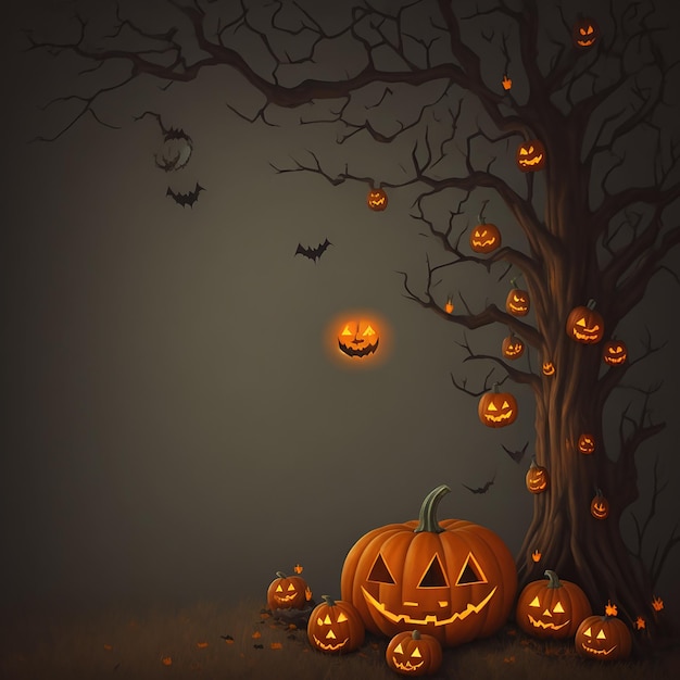 Halloween background with pumpkin and spooky tree photo