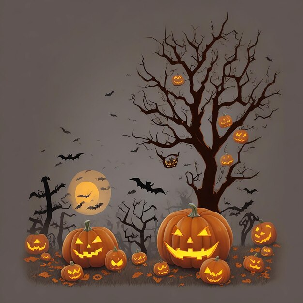 Halloween background with pumpkin and spooky tree photo