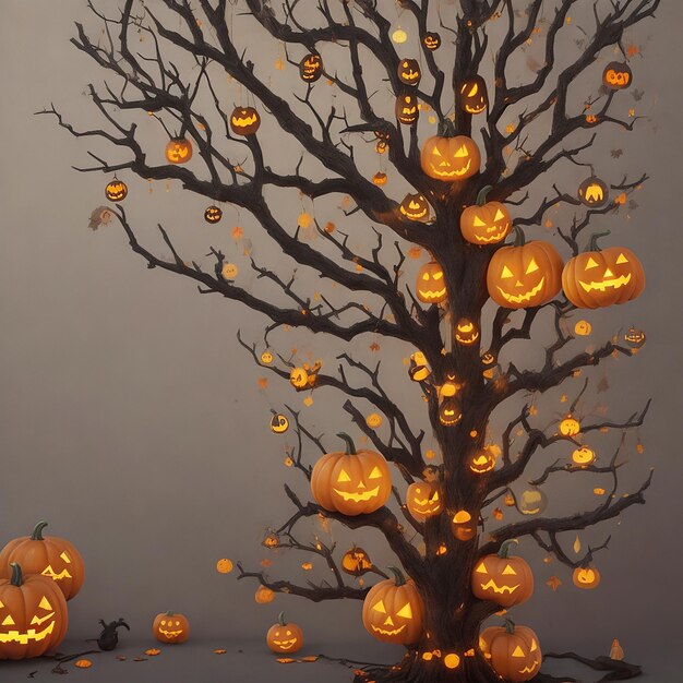 Halloween background with pumpkin and spooky tree