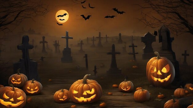 Halloween background with pumpkin with glowing eye in graveyard night sky