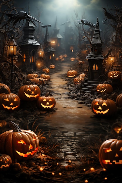 Halloween background with pumpkins and bats Generate AI