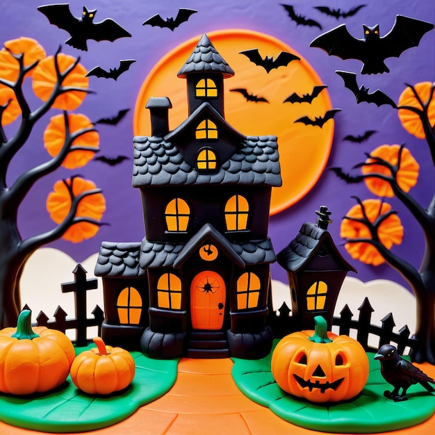 Halloween background with pumpkins bats and scarry castle in clay style