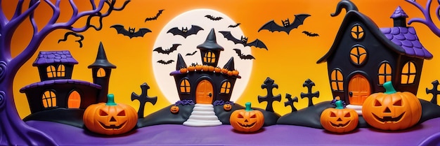 Хэллоуинский фон с тыквами, летучими мышами и скари-замоком в глиняном стиле