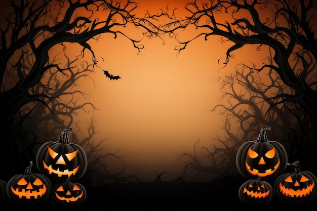 Foto sfondo di halloween con zucche pipistrelli e illustrazione vettoriale albero