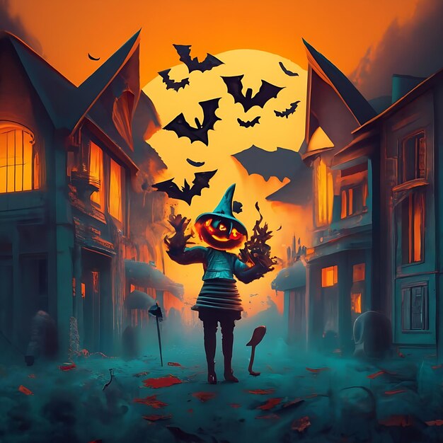 Halloween background with pumpkins and bats