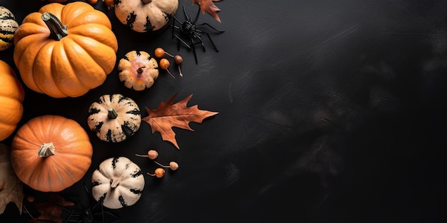 Halloween background with pumpkins on black wooden table