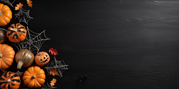 Halloween background with pumpkins on black wooden table