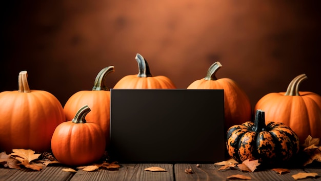 Photo halloween background with pumpkins and blank card on wooden table halloween concept