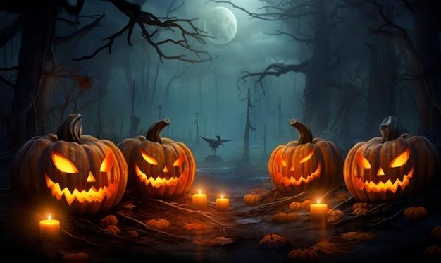 Halloween background with pumpkins and candles in the dark forest