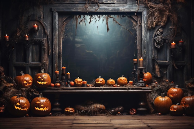 Halloween background with pumpkins candles and decorations on dark background