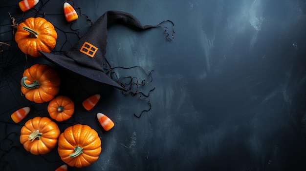 Halloween background with pumpkins candy corn and witch hat on dark background