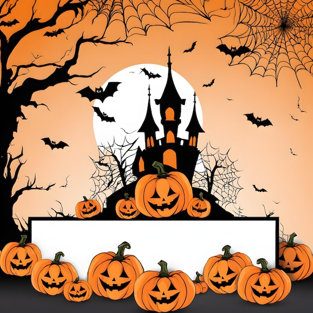 Halloween background with pumpkins castle and blank banner