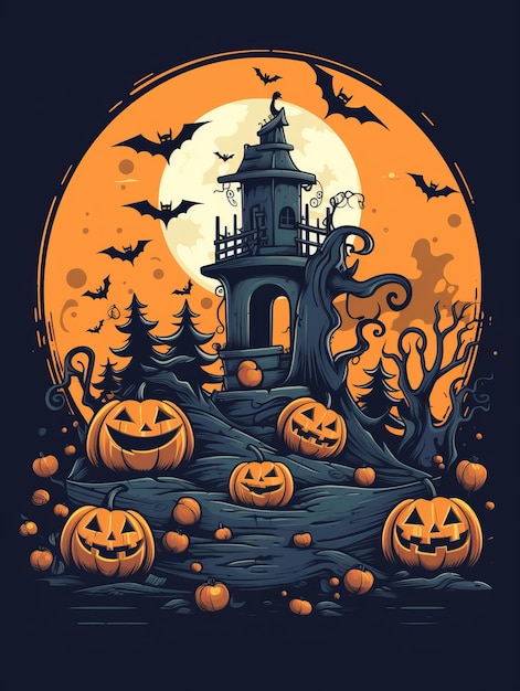 A halloween background with pumpkins and a castle