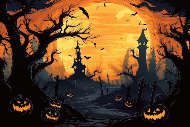 Halloween background with pumpkins cemetery and castle