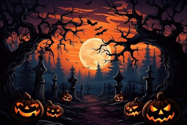 Halloween background with pumpkins cemetery and full moon