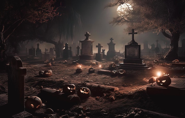 Halloween background with pumpkins and cemetery