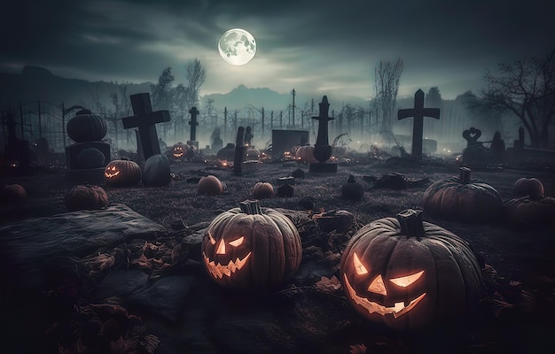 Halloween background with pumpkins and cemetery