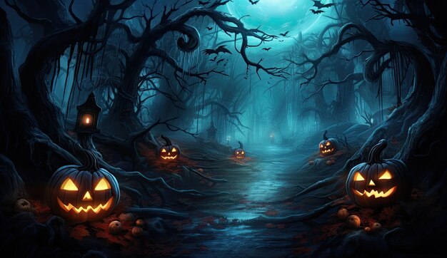 Halloween background with pumpkins in dark forest 3D rendering