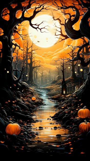 Halloween background with pumpkins in the dark forest Halloween concept