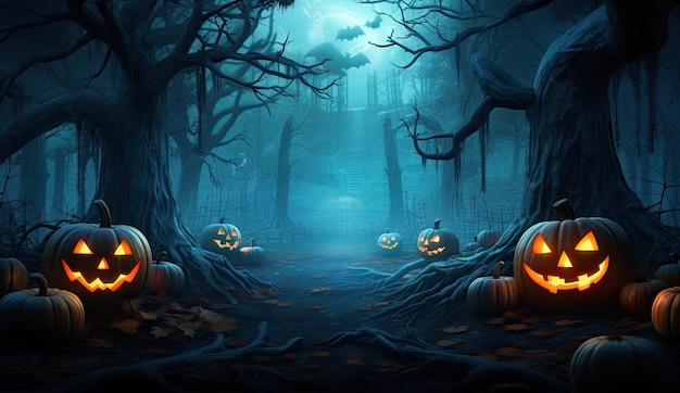 Halloween background with pumpkins in the forest 3d rendering