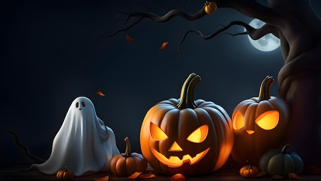 Halloween background with pumpkins and ghost