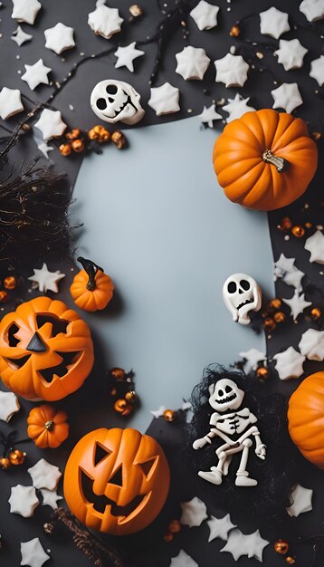 Halloween background with pumpkins ghosts candy and black paper sheet