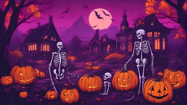 Halloween background with pumpkins ghosts and haunted house Vector illustration