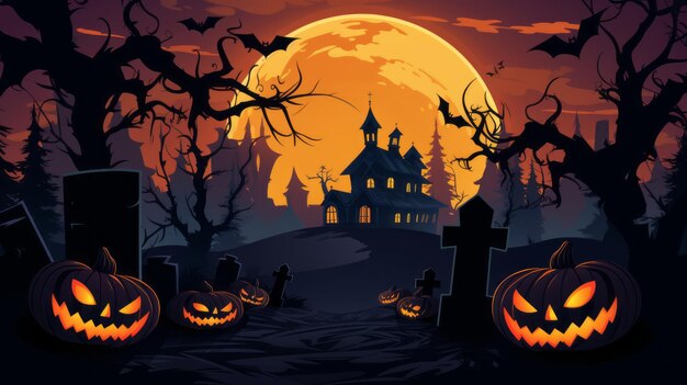 halloween background with pumpkins and graveyard