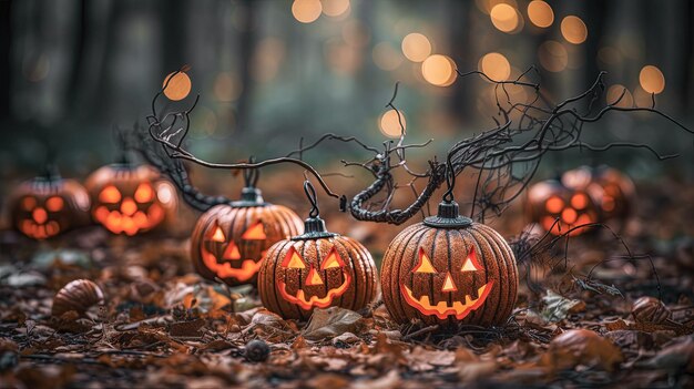Halloween background with pumpkins A handmade jackolantern head in the dark background