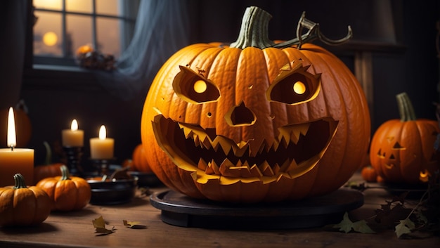 Photo halloween background with pumpkins and haunted house 3d render halloween background with evil pum