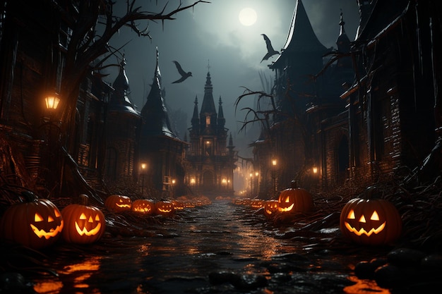 Halloween background with pumpkins and haunted house 3d render halloween background