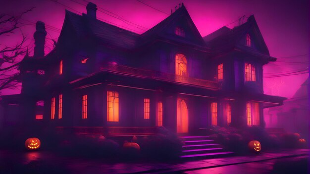 Halloween background with pumpkins and haunted house in foggy night