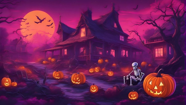 Halloween background with pumpkins and haunted house Illustration