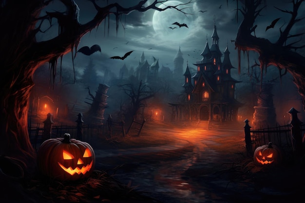 Halloween background with pumpkins haunted house and spooky forest