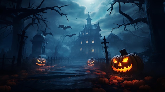 Halloween background with pumpkins and haunted house