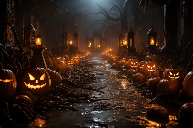 Halloween background with pumpkins and horror character