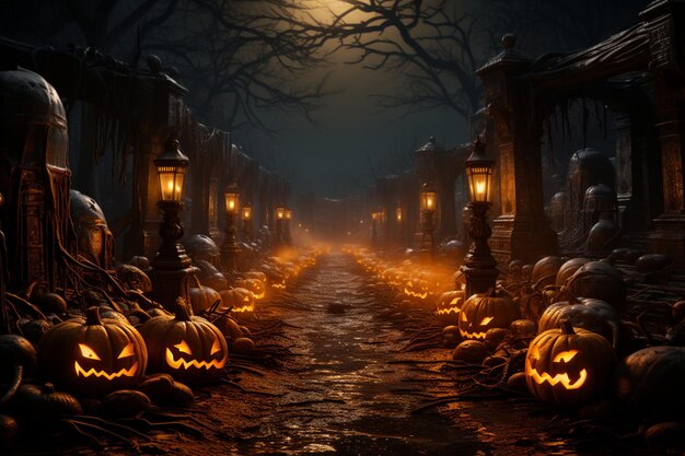 Halloween background with pumpkins and horror character