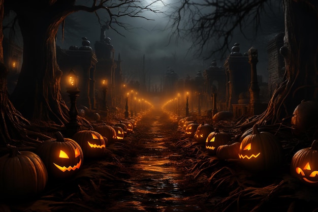 Halloween background with pumpkins and horror character