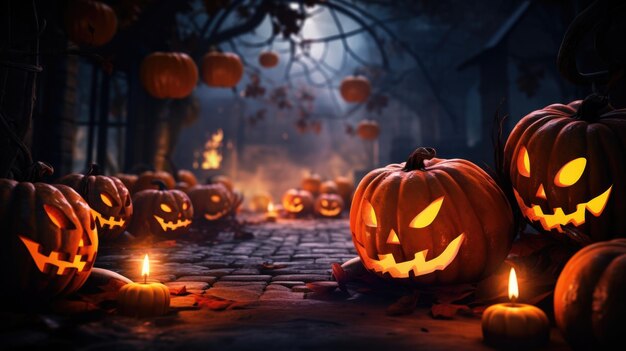 Halloween background with pumpkins lantern in graveyard the spooky night