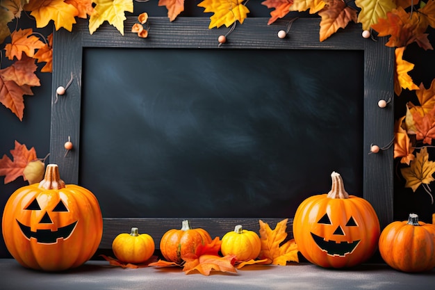 Halloween background with pumpkins leaves and blackboard Space for text