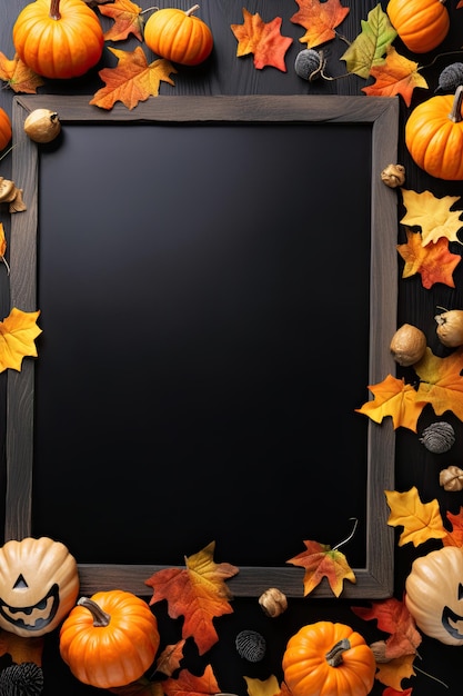 Halloween background with pumpkins leaves and blackboard Space for text