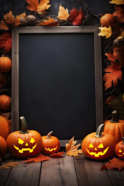 Halloween background with pumpkins leaves and blackboard Space for text