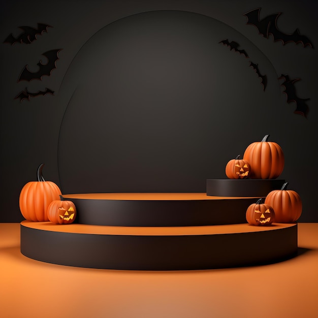 Halloween background with pumpkins on podium 3d render AI Generative Illustration Podium for prod