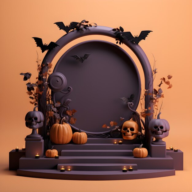 Хэллоуинский фон с тыквой на подиуме 3D рендеринг AI Генеративная иллюстрация Podium для prod