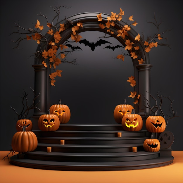 Хэллоуинский фон с тыквой на подиуме 3D рендеринг AI Генеративная иллюстрация Podium для prod