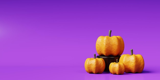 Photo halloween background with pumpkins on purple background 3d render illustration