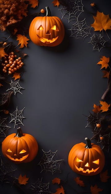 Halloween background with pumpkins spider web and autumn leaves on black background