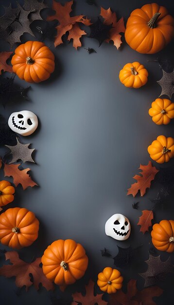 Halloween background with pumpkins spiders bats and black leaves on dark background