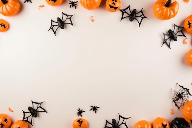 Halloween background with pumpkins spiders and bats on white background